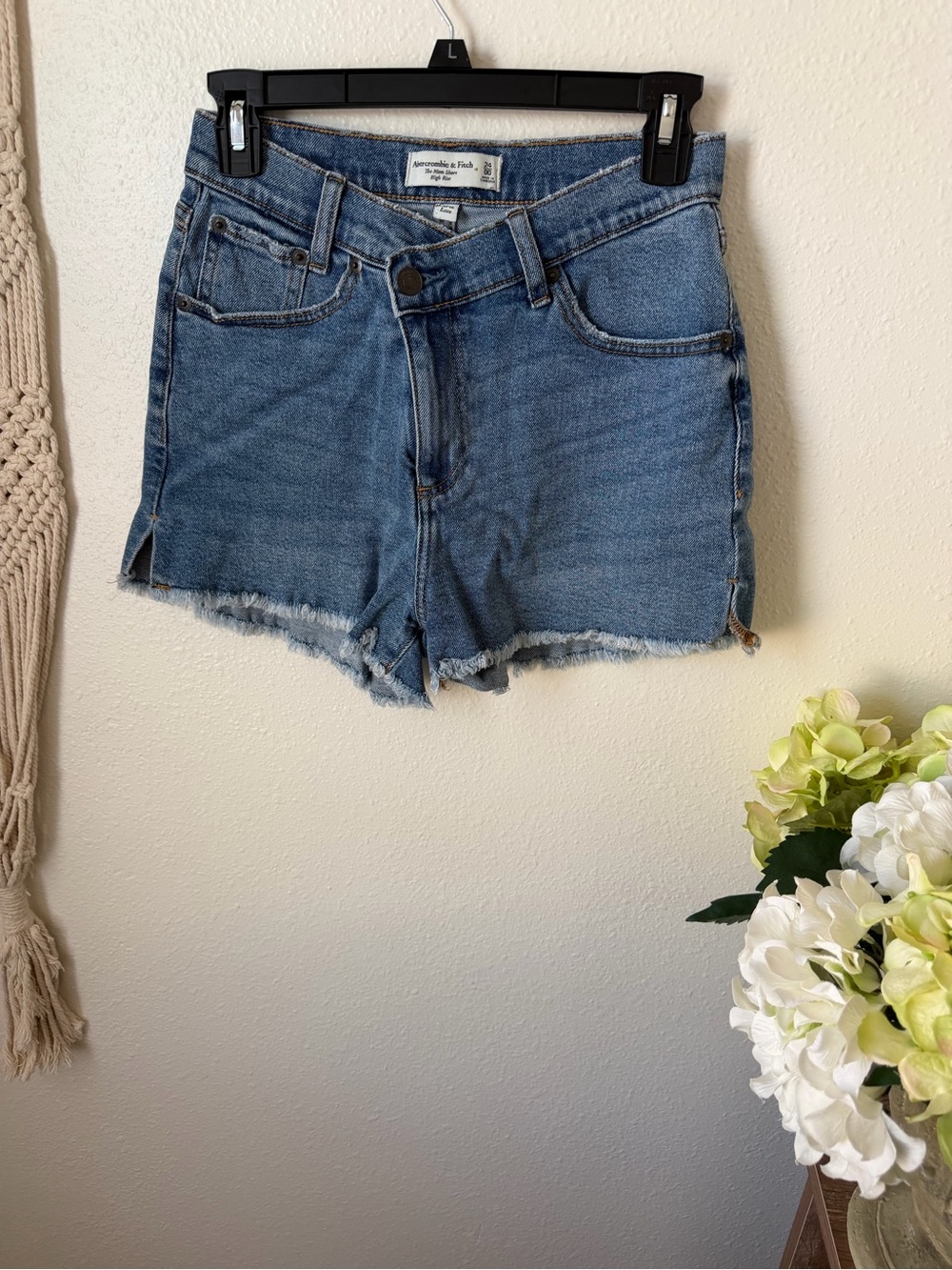 Abercrombie & Fitch Medium Criss Cross Blue High-Rise Frayed Hem Denim Shorts